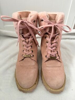 UGG Women's Blush Pink Suede Lace-Up Shearling Boots